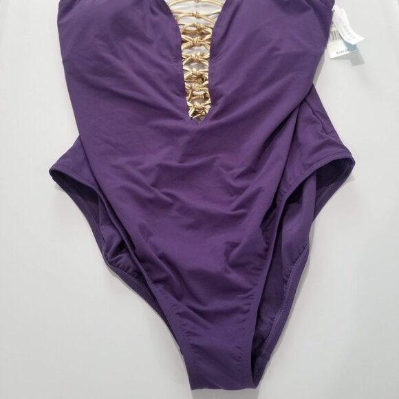 Bleu by Rod Beattie Kore One Piece High Neck Lace Down Swimsuit Purple Size 16W - Picture 8 of 13